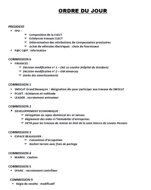 Ordre du jour reunion du 25 janvier